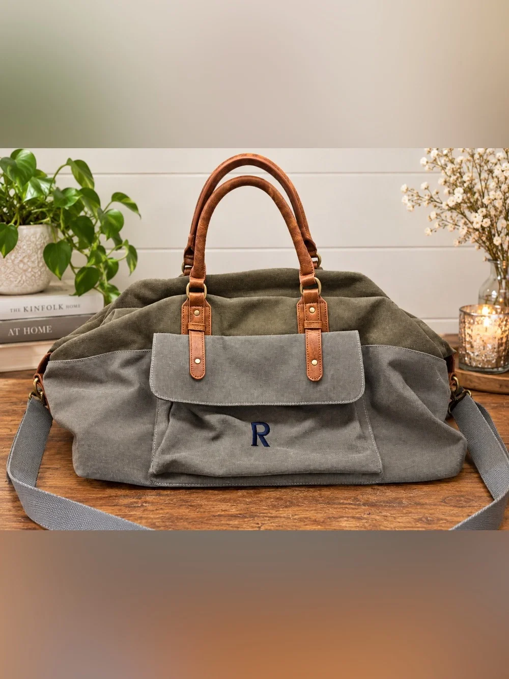 Canvas Travel Weekender Bag with Faux Leather Handles - Olive & Gray